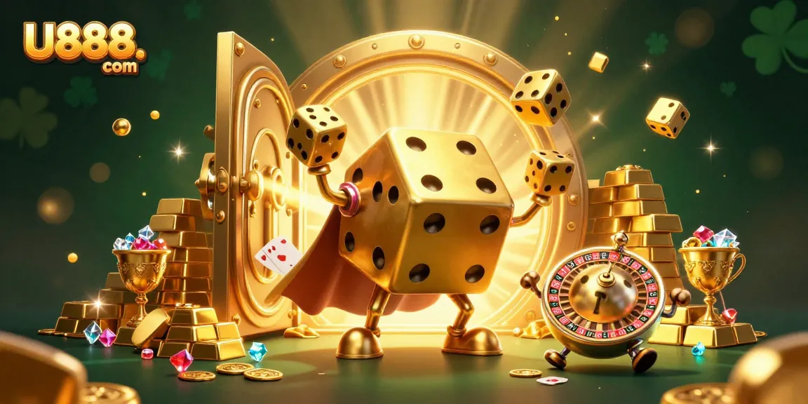 Join the excitement at U888. com with golden dice and casino treasures in a vibrant 3D illustration.