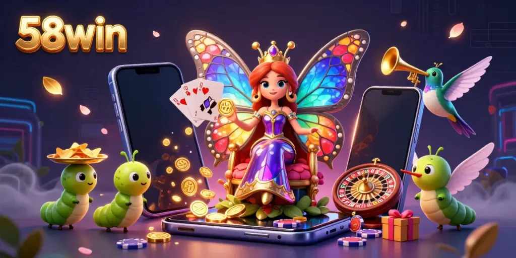 Experience the gaming magic of 58win with a vibrant 3D casino illustration showcasing dynamic game elements.