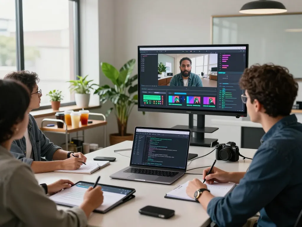 Collaboration in a professional workspace using video to prompt ai for innovative video analysis.