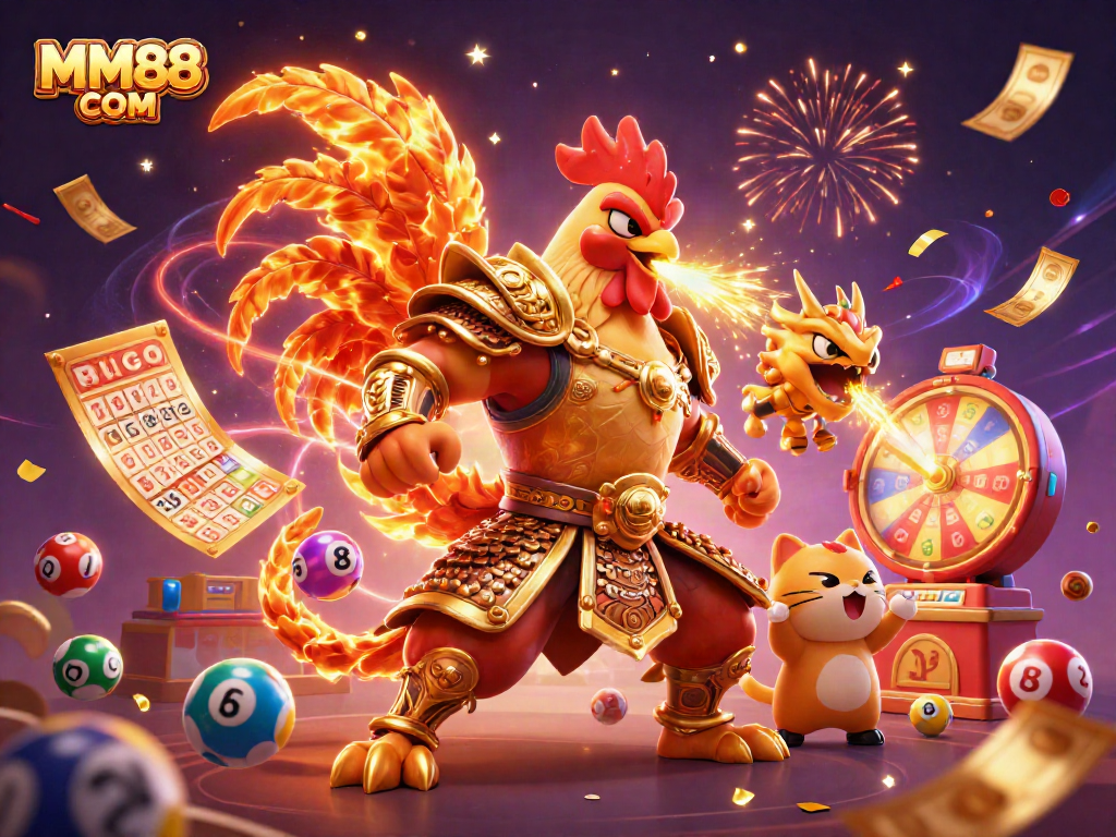 Engage with exciting MM88 COM gaming featuring a fierce rooster warrior and dragon hatchling.