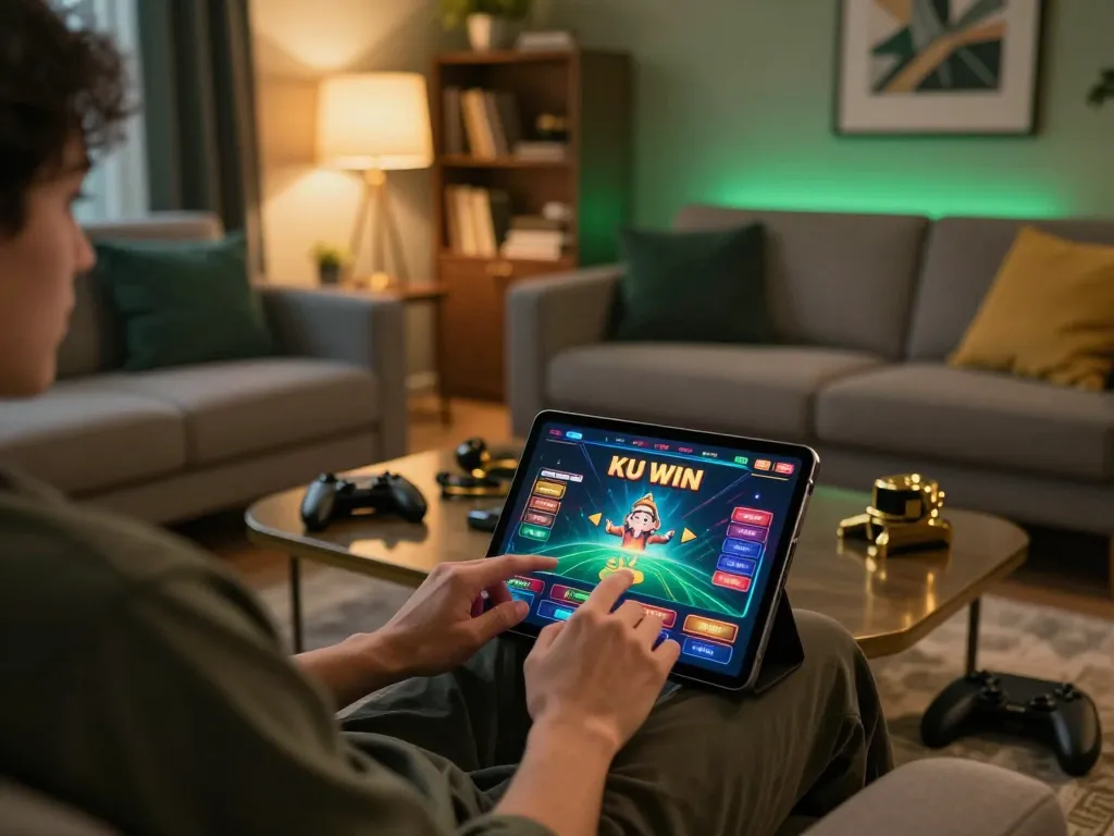 Player enjoying a thrilling gaming session at Ku win on a tablet, showcasing a modern and comfortable setup.