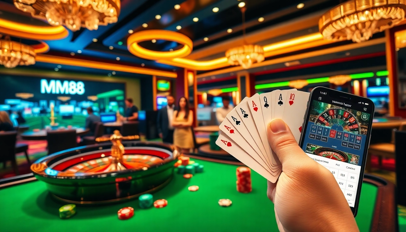 Experience the excitement of MM88 with vibrant casino visuals featuring roulette and poker action.