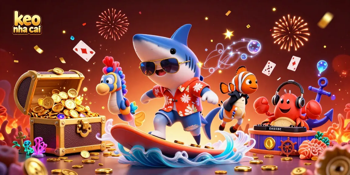 Experience the excitement of keo nha cai while celebrating on a wave of gold coins with vibrant beach-themed characters.