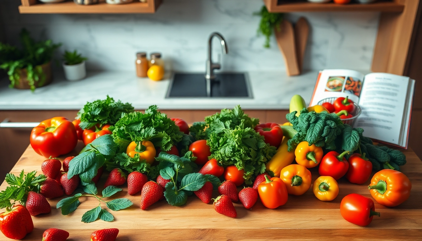 Fresh and colorful Healthy Food ingredients beautifully arranged in a sunlit kitchen.
