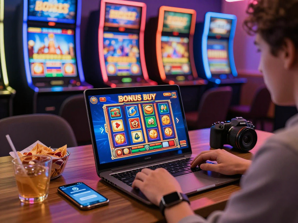 Engaged player exploring non gamstop casinos on laptop with vibrant slot games and cryptocurrency payment.