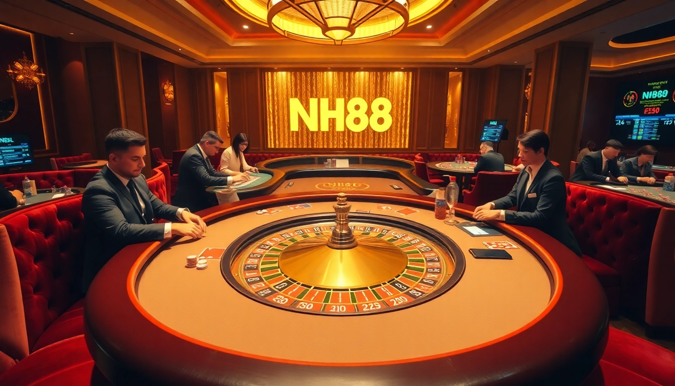 Exciting NH88 casino scene showcasing roulette, poker, and engaging players.