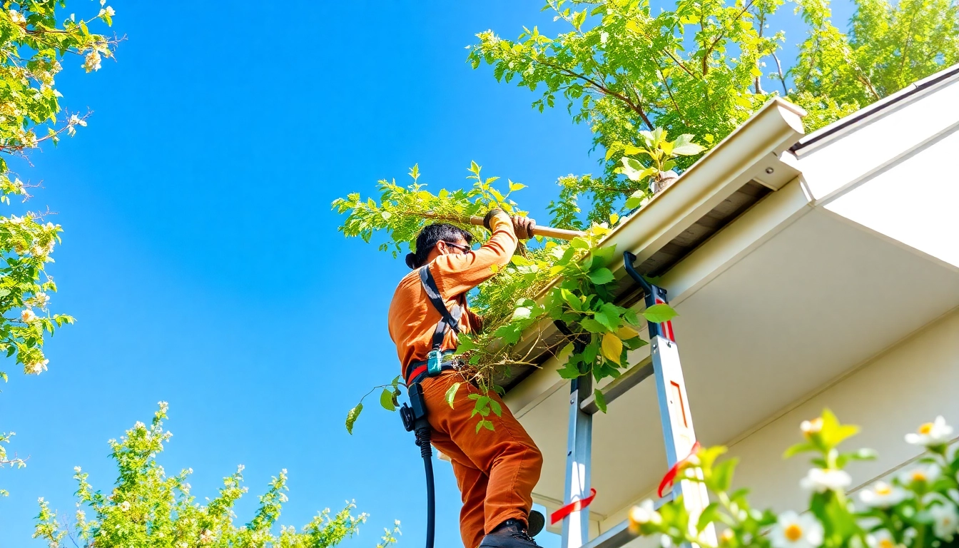 Professional working on gutter cleaning services, clearing debris efficiently.