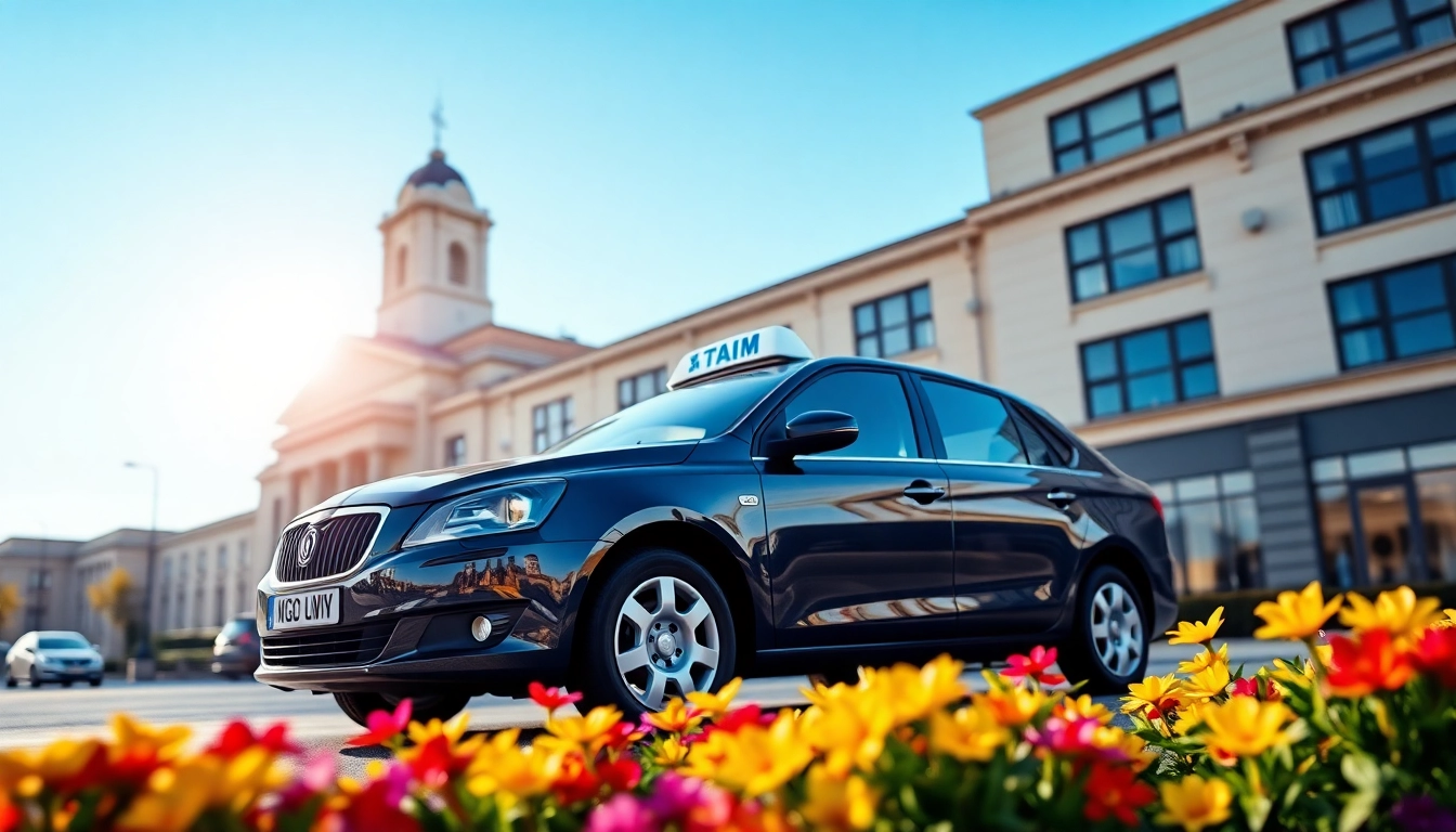 Woking taxi service showcasing a professional operator with a sleek vehicle against a vibrant backdrop.