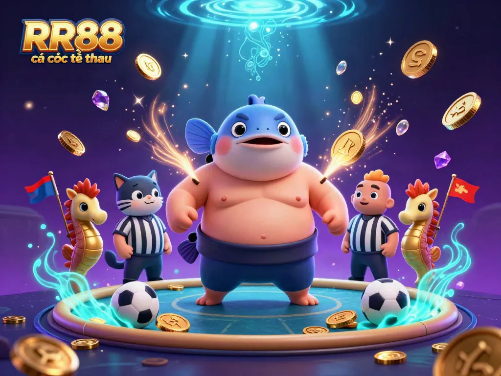 Engaging scene showcasing RR88 cá cược thể thao with cartoon fugu blowfish in a vibrant underwater setting