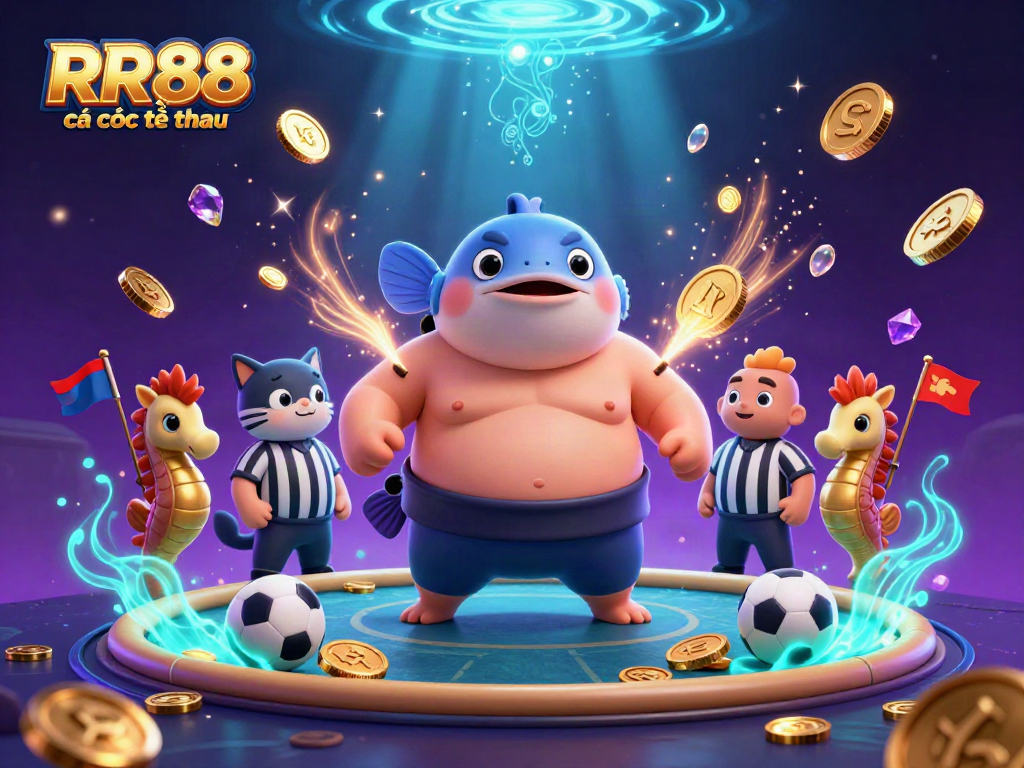 Engaging scene showcasing RR88 cá cược thể thao with cartoon fugu blowfish in a vibrant underwater setting