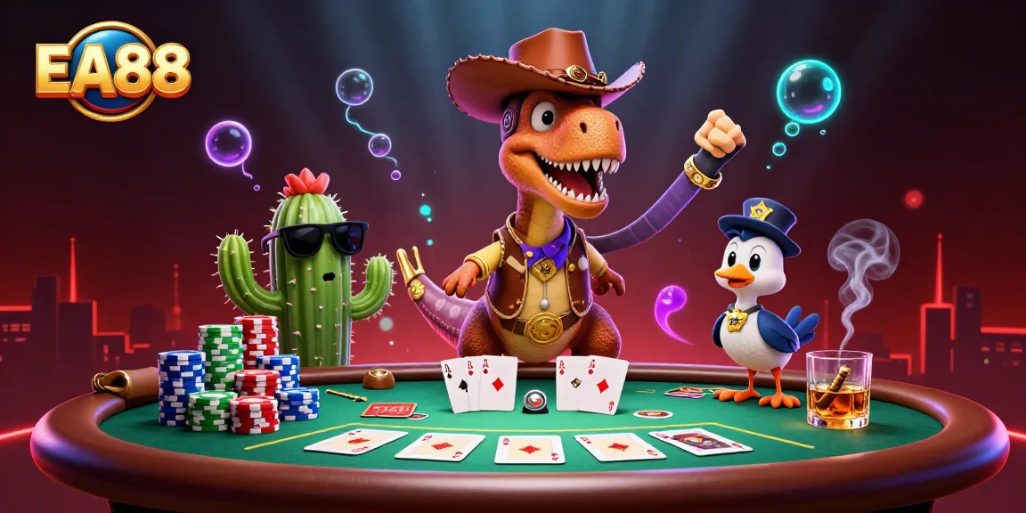 Showcase EA88 with a vibrant cowboy dinosaur poker scene featuring excitement and colorful gambling elements.