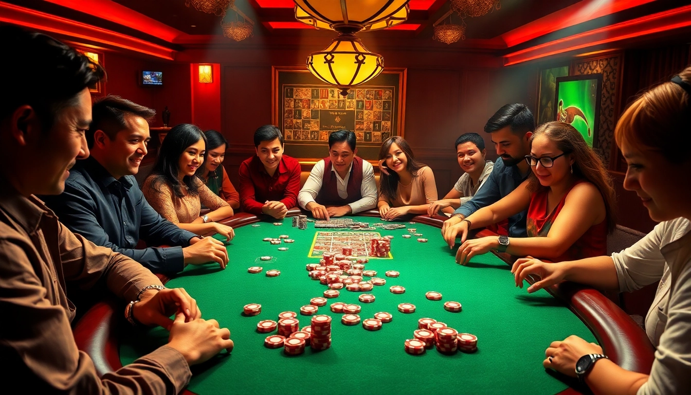 Experience thrilling poker excitement at https://ii69vn.com/ with players enjoying a vibrant casino atmosphere.