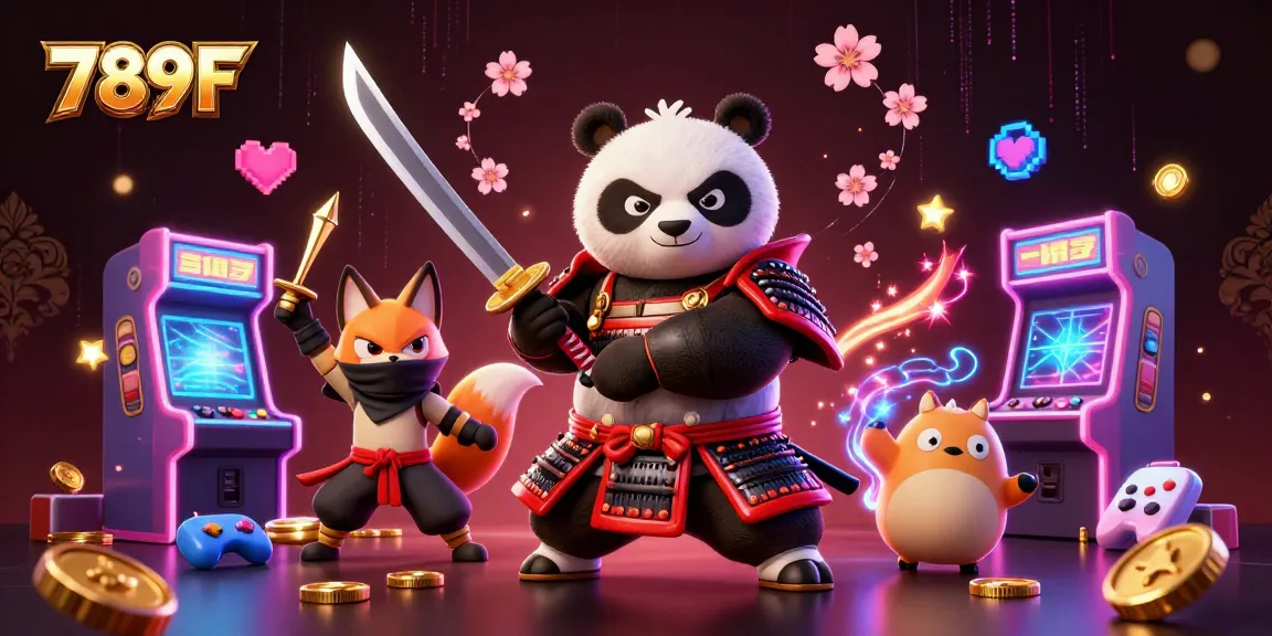 Engage with thrilling games at 789F, featuring a vibrant scene with animated samurai panda and ninja fox.
