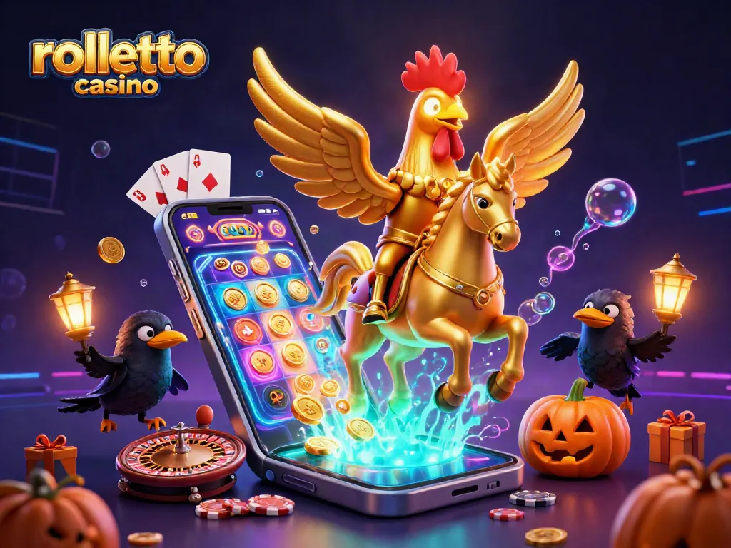 Experience the vibrant excitement at rolletto casino with golden rooster and spectral horse amidst casino games.