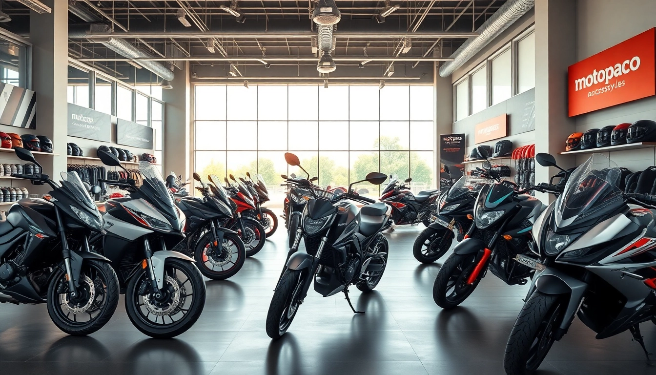 Vitrine de motos et d'accessoires Motopaco dans un showroom moderne, ambiance dynamique et accueillante.