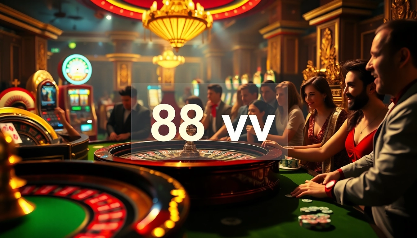 Experience the thrill of online gambling with 88vv amidst vibrant casino elements.