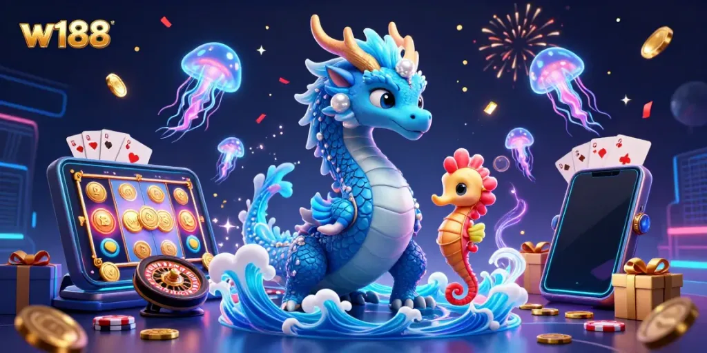Engage with w188's thrilling gaming experience featuring vibrant characters and rich casino elements.