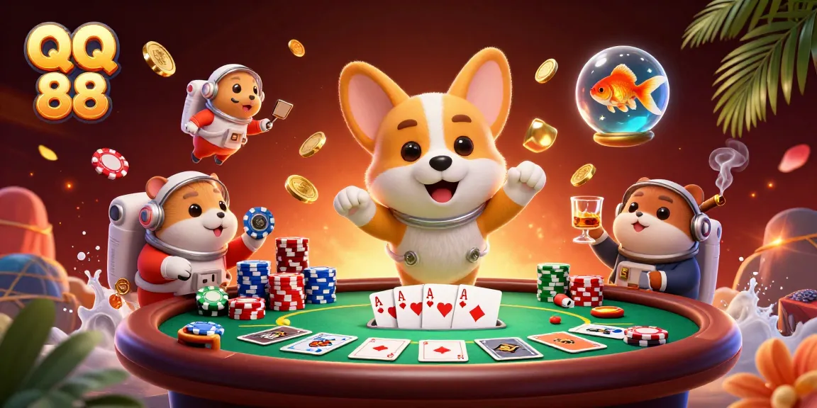 Experience the excitement of QQ 88 with an astronaut corgi in a cosmic casino scene among drifting poker chips and coins.