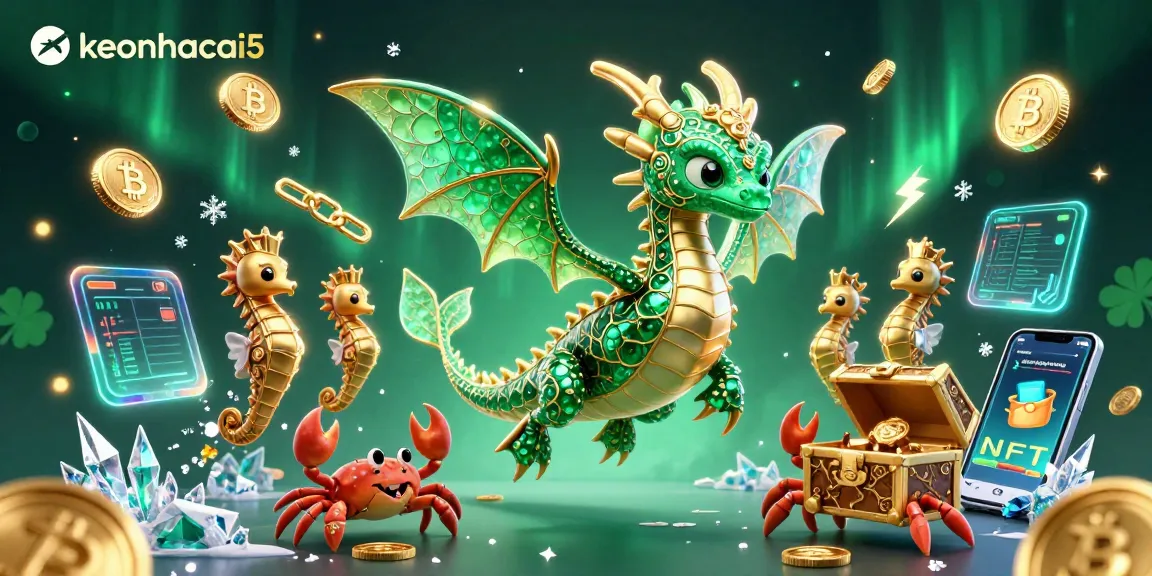 Engage with keonhacai5 using a vibrant 3D illustration of an emerald dragon and crypto coins.