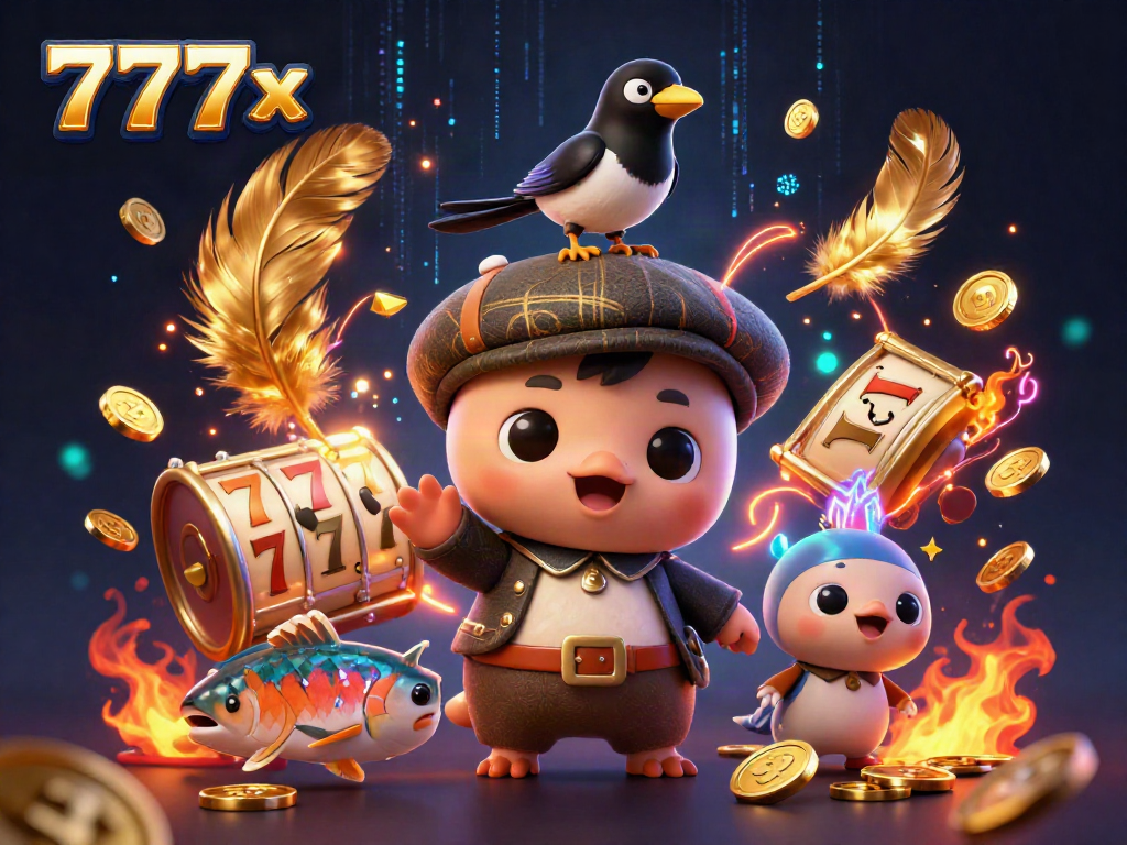 Engage in thrilling casino fun with 777x, showcasing adorable cartoon Nessie in a rich, vibrant gaming atmosphere.