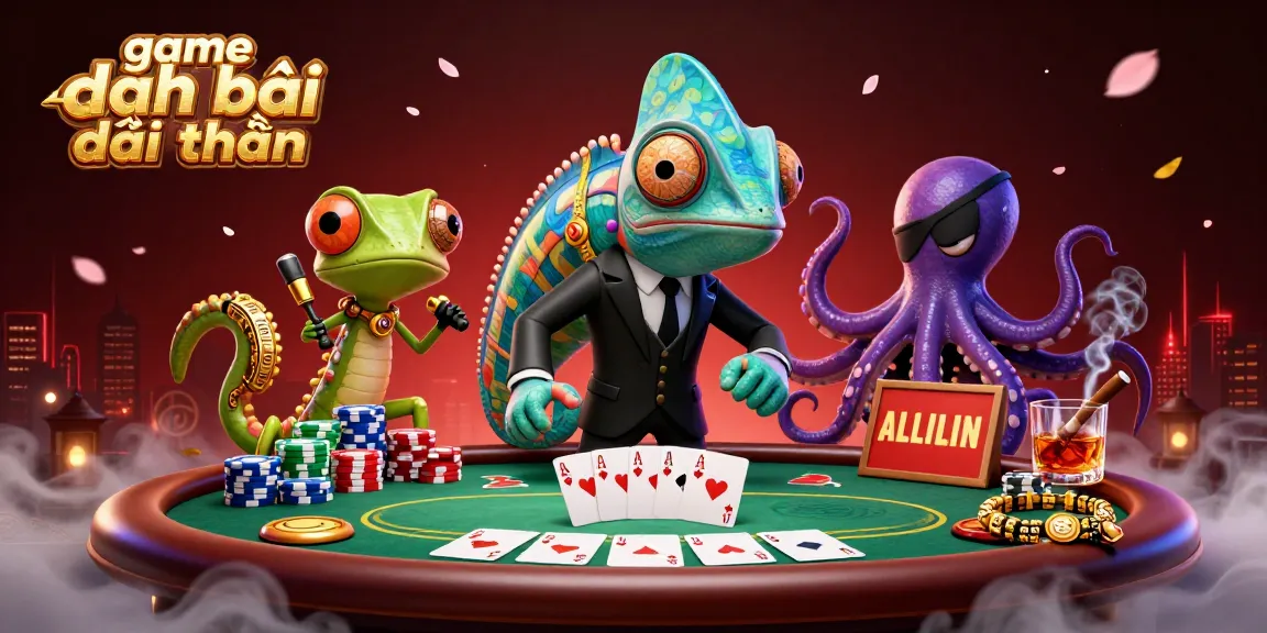 Engage in the thrilling game đánh bài đổi thưởng with colorful poker chips, a chameleon, and an octopus in a dynamic casino scene.