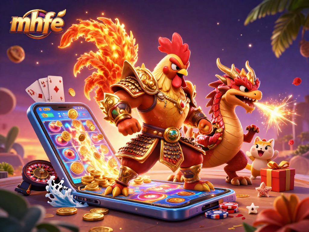 Engage with mhfe's vibrant 3D illustration showcasing a rooster warrior and dragon hatchling amid dynamic casino elements.