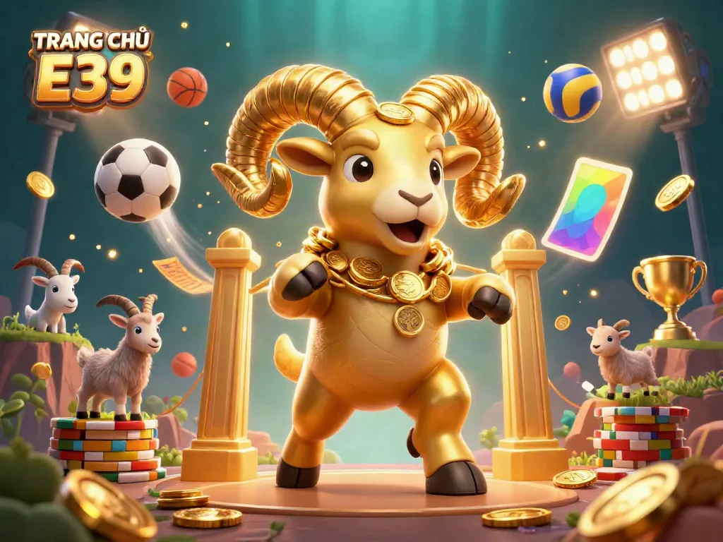 Experience the excitement at TRANG CHỦ E39 with a golden ram charging through dynamic casino elements and sports action.