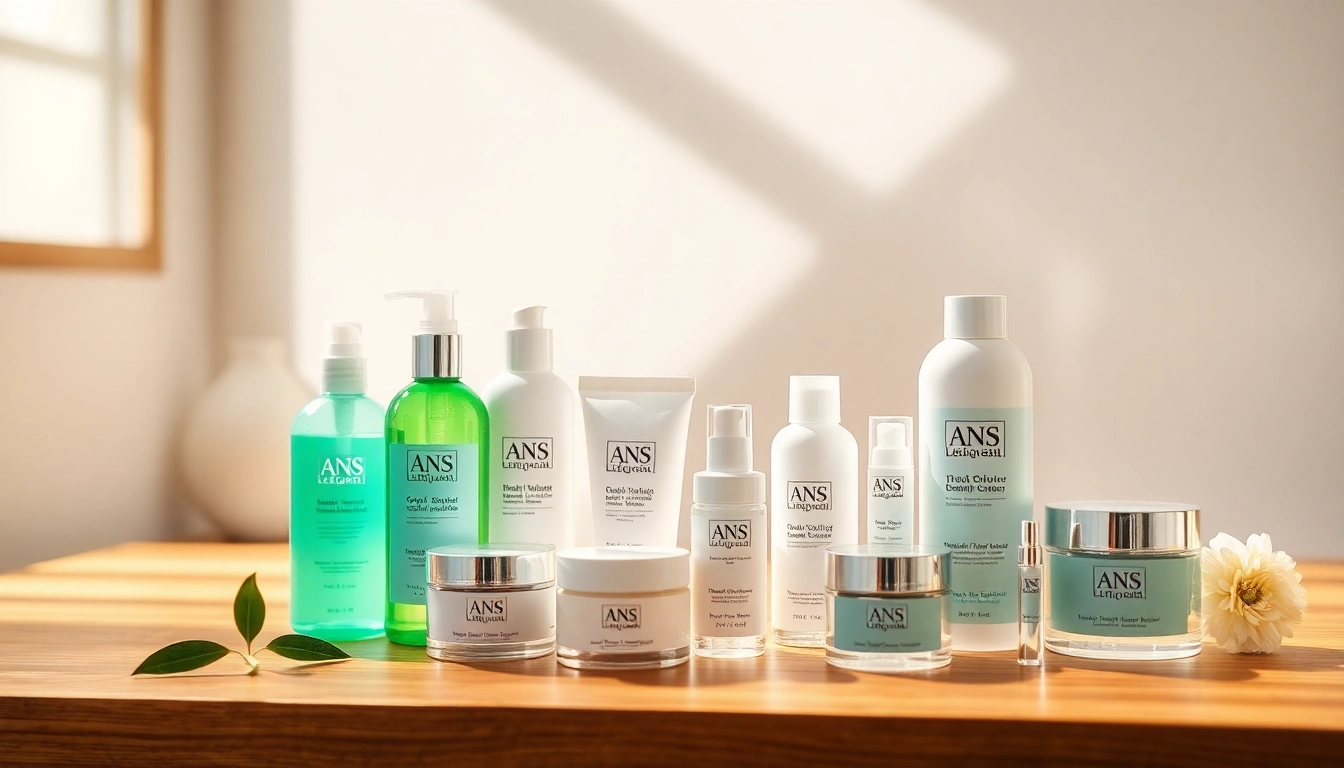 Showcasing ANS 口コミ skincare products arranged beautifully on a bright countertop.