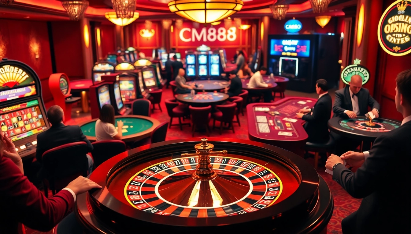Exciting gambling action in a casino setting with roulette, slots, and CM88 branding.
