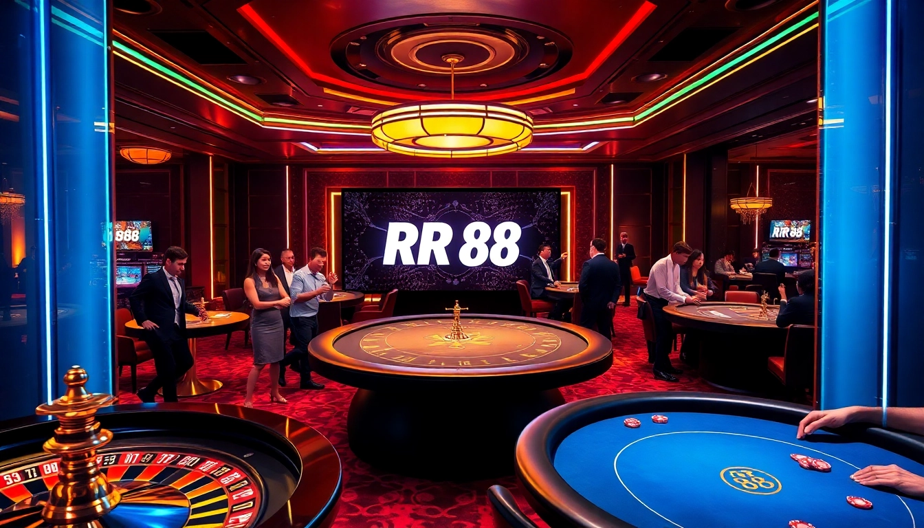 Players celebrating their winnings at RR 88 casino tables with vibrant atmosphere and luxurious details.