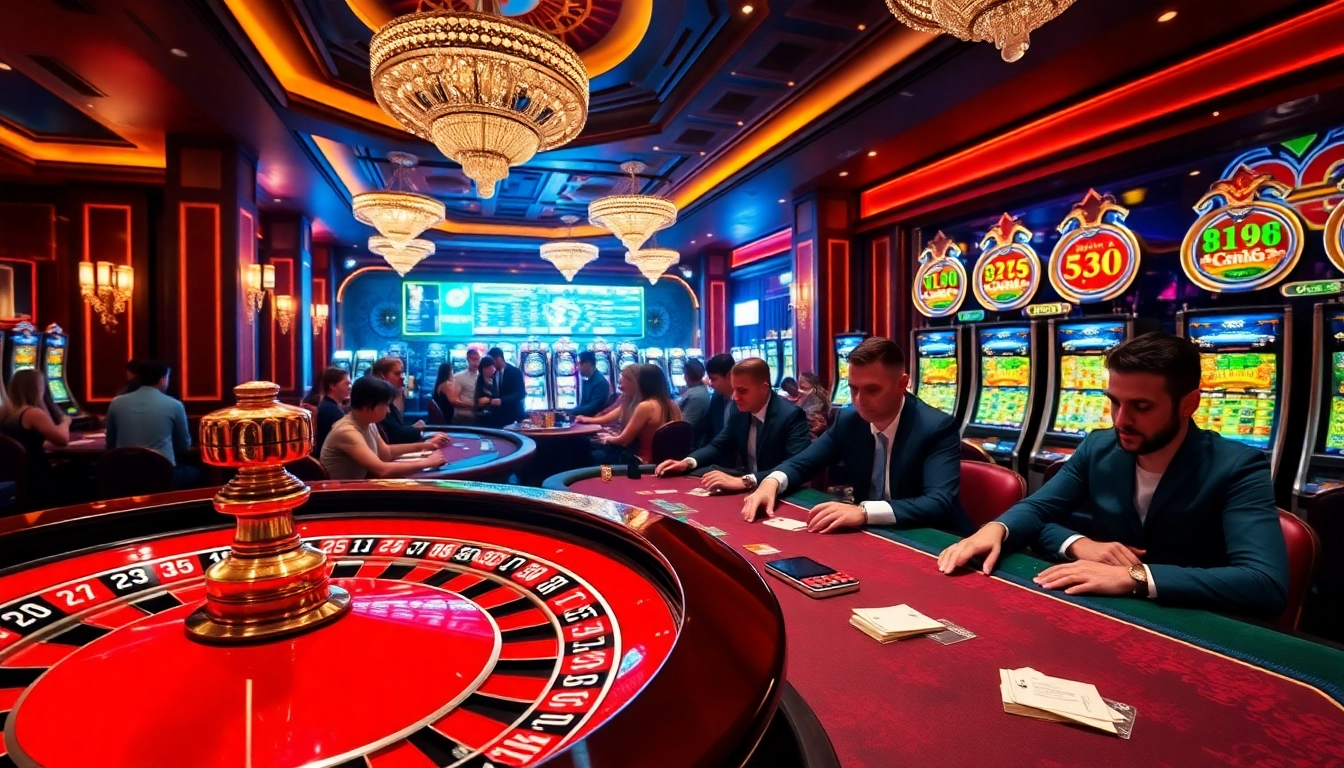 Experience the thrill of MM88 with players engaging at a bustling casino table and vibrant slot machines.