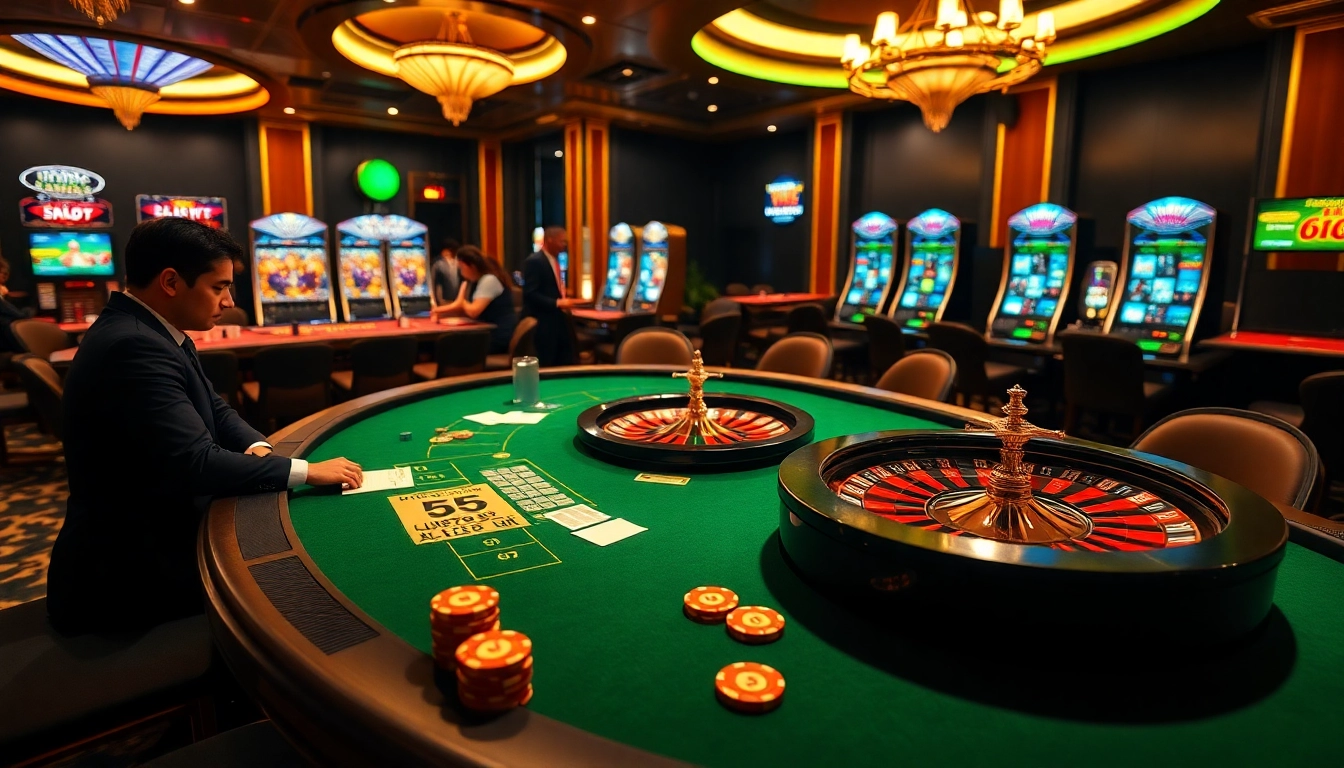 Players enjoying poker at f168.com casino, vibrant atmosphere with chips and roulette wheel.