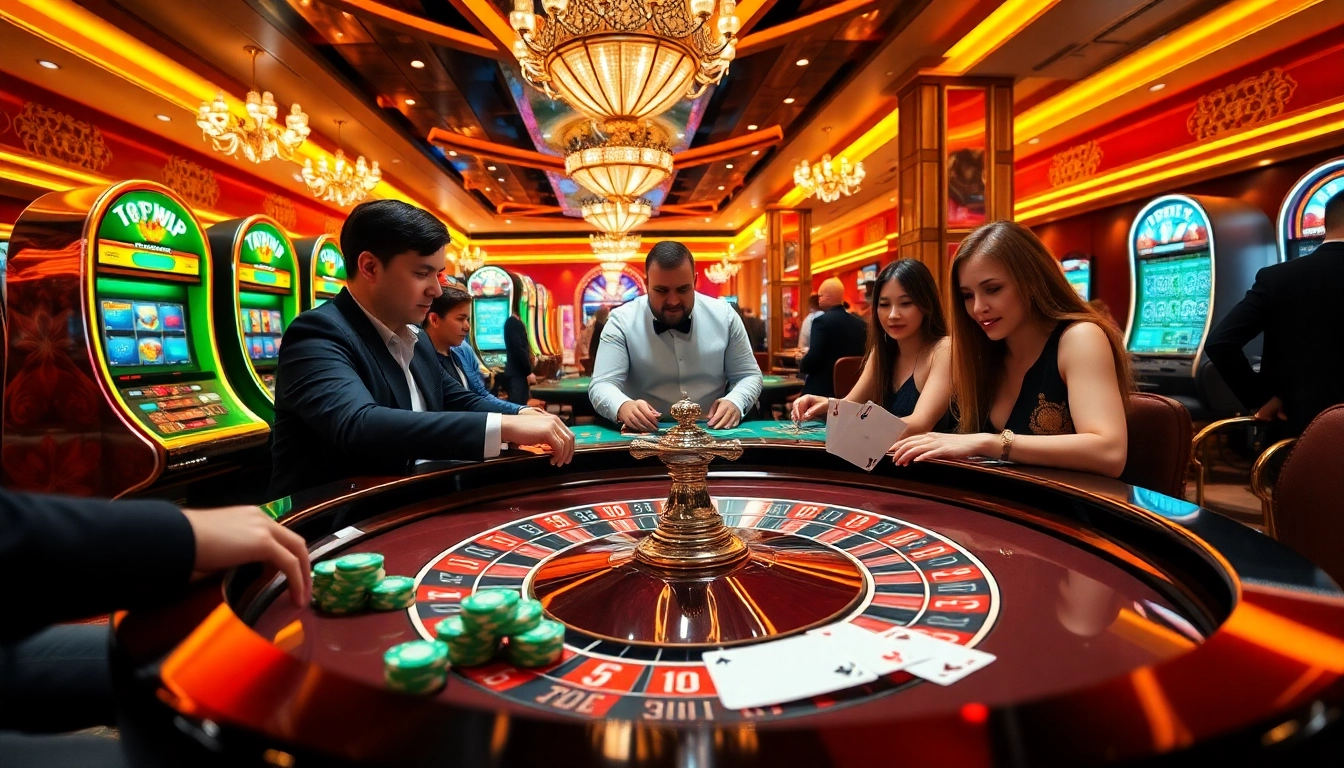 TOPVIP players engage in an exciting high-stakes casino game with vibrant roulette and poker chips.