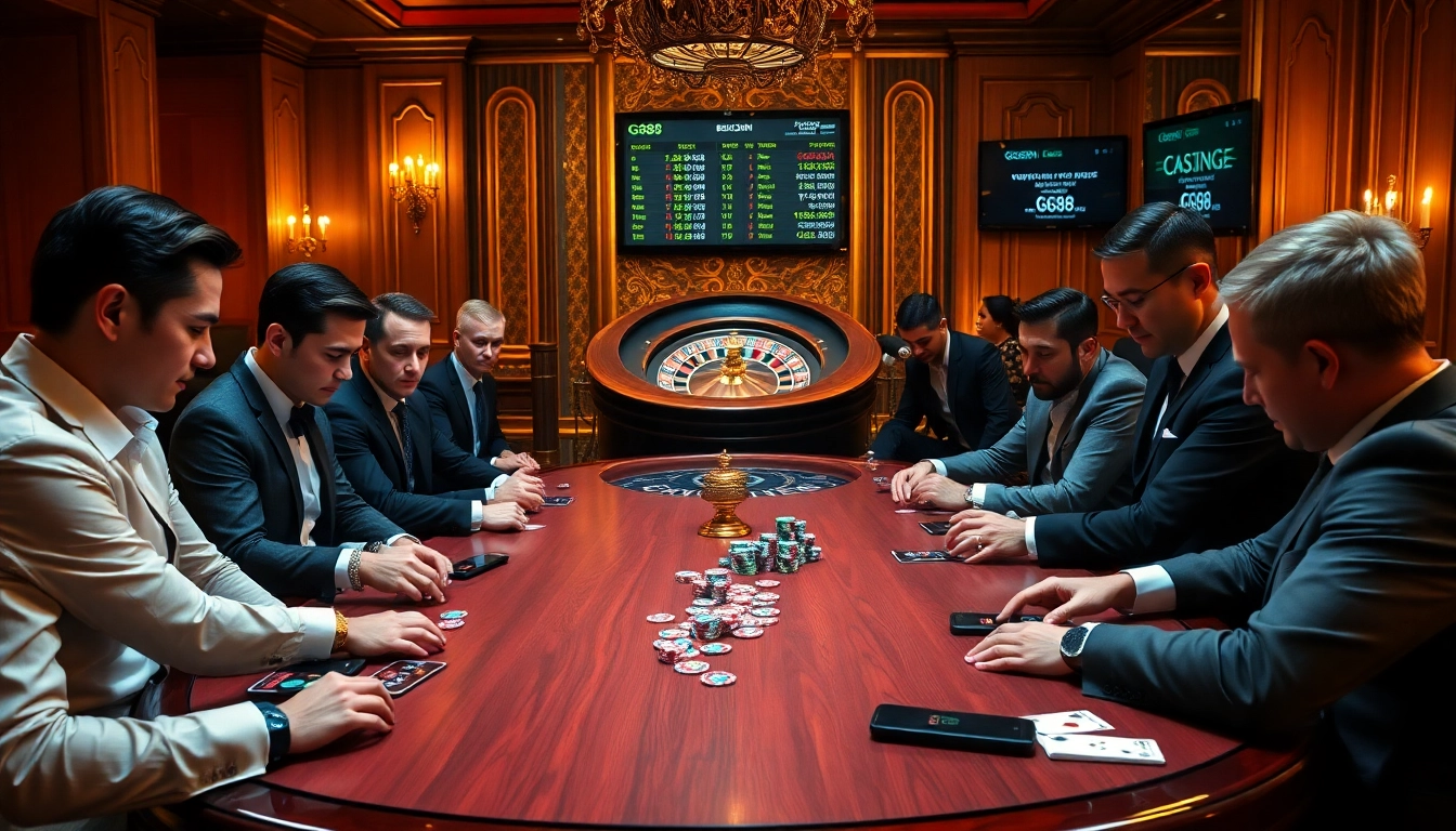 Engage in the thrilling atmosphere of GG88 with professional gamblers at an elegant poker table.