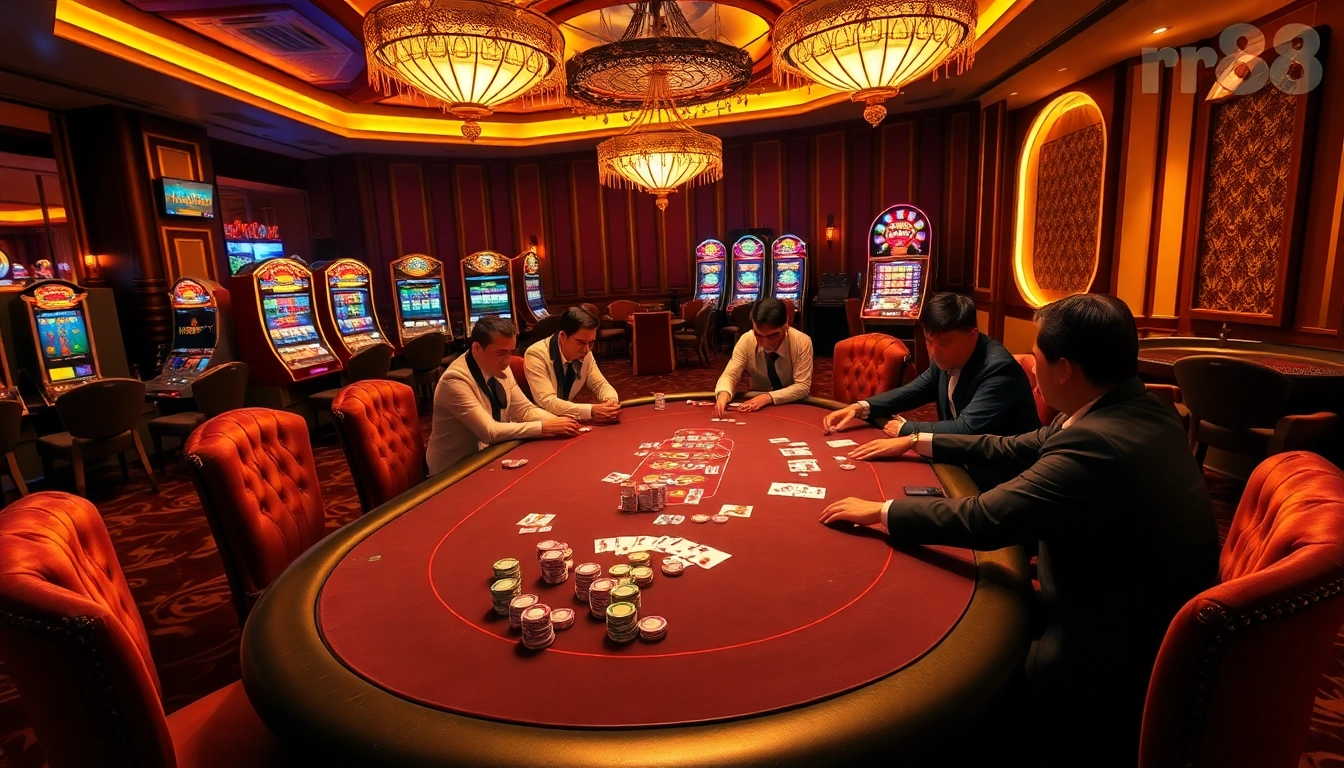 Experience thrilling high-stakes poker at rr88, a luxurious casino environment with vibrant chips and professional dealers.