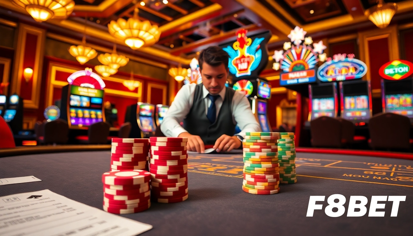 Exciting blackjack action at F8BET's luxurious casino table with vibrant chips.
