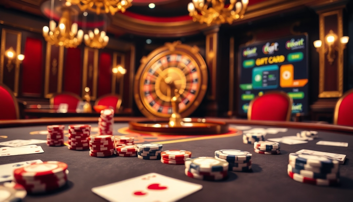 Engaging casino scene with poker table and 상품권카드 digital display showcasing modern payment methods.