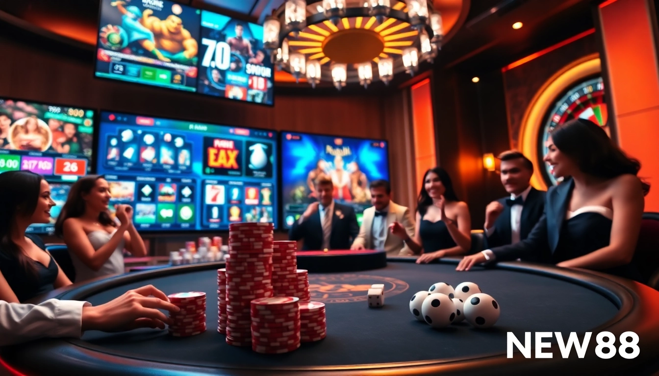 Experience the thrill of NEW88 đăng nhập with vibrant casino gameplay visuals featuring poker tables and exciting bets.