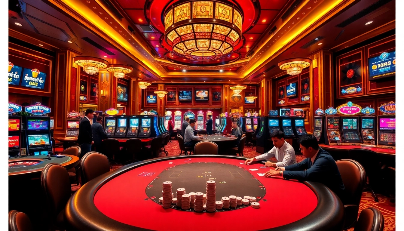 High-stakes poker action at Nhà cái OK8386 casino, showcasing vibrant gaming elements and atmosphere.