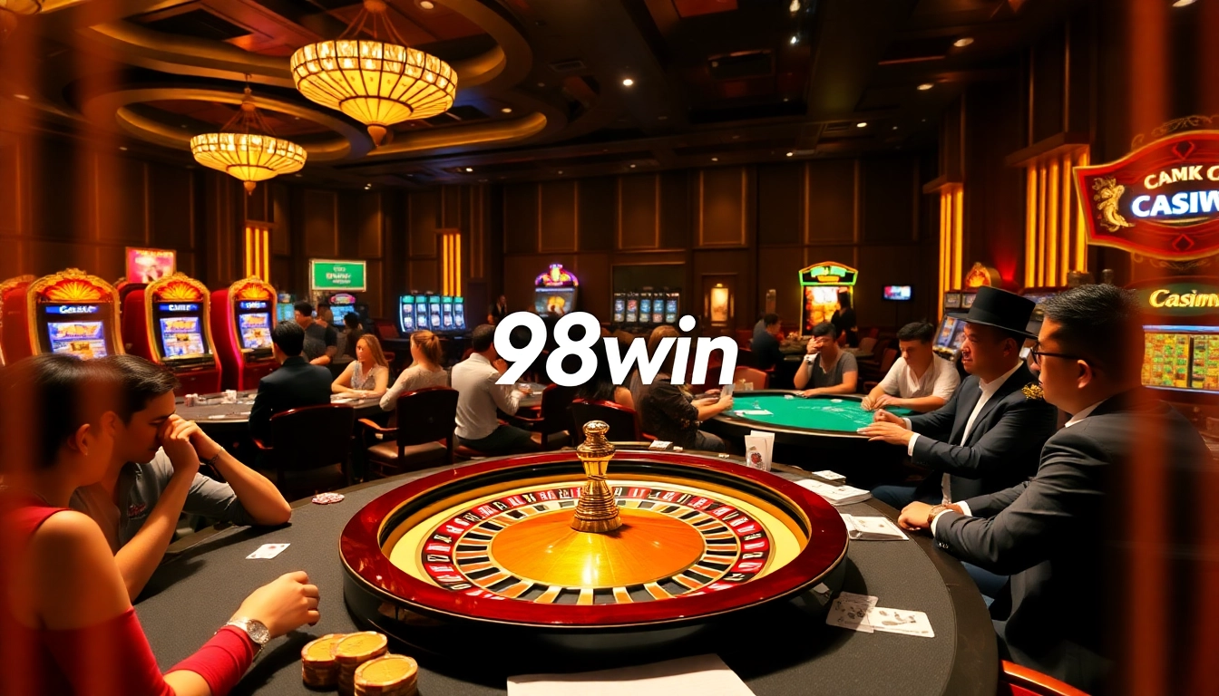 A bustling casino scene with players enjoying games at 98win tables, highlighting poker chips and roulette excitement.