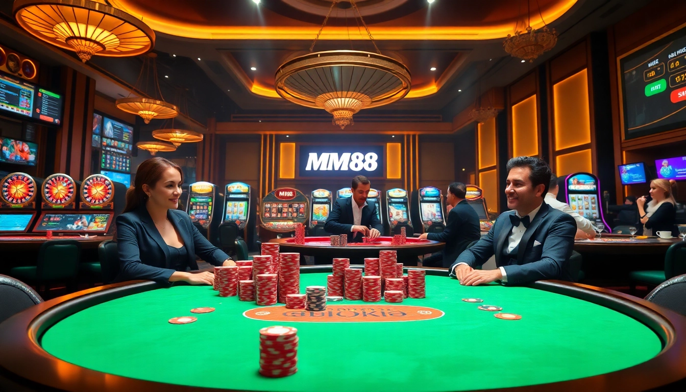 Experience thrilling poker action at MM88 with vibrant chips and elegant players.