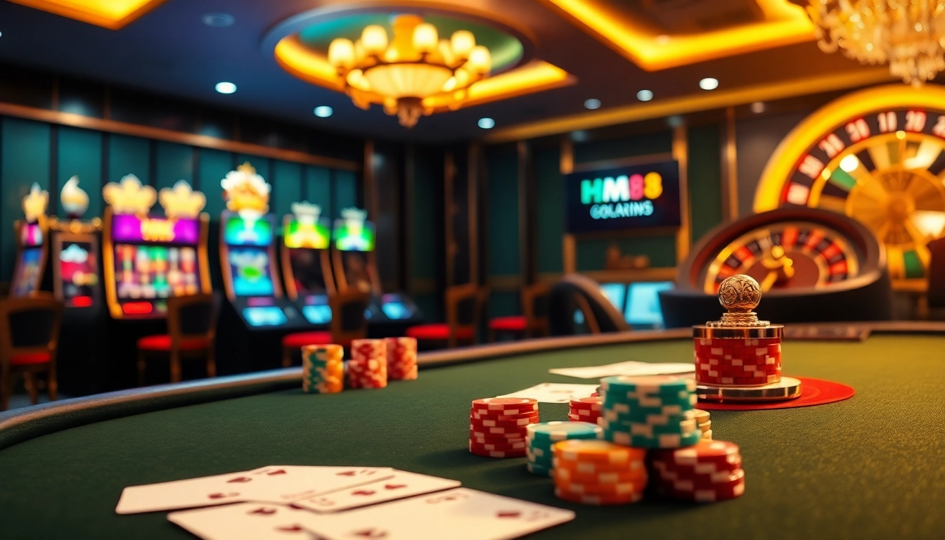 Experience high-stakes excitement with HM88 at a luxurious casino featuring poker and slot games.