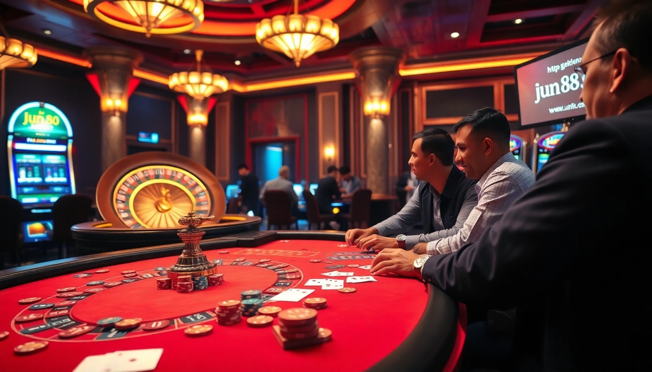 Engaging players at a casino table, showcasing excitement for https://www.jun88.org/ with vibrant chips and cards.
