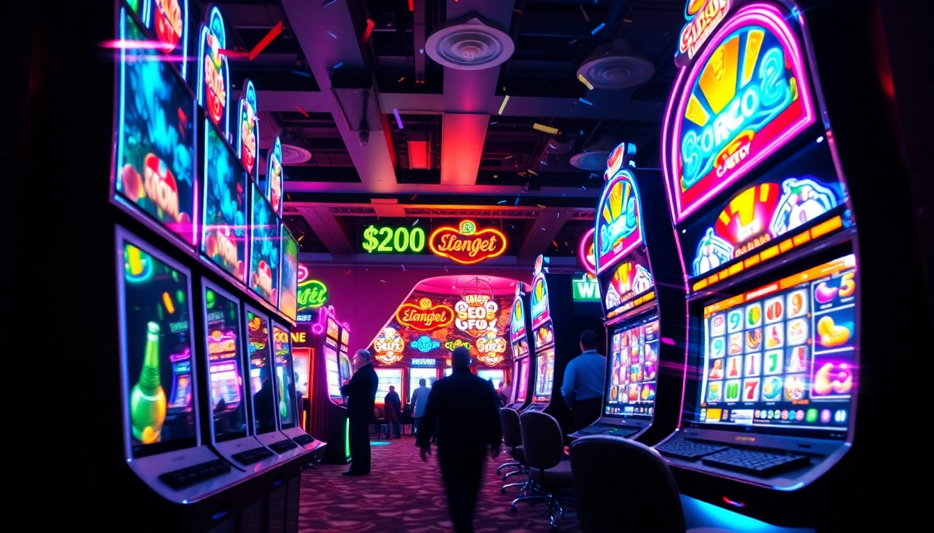 Experience the vibrant doaslot gaming atmosphere with colorful slot machines and players celebrating.