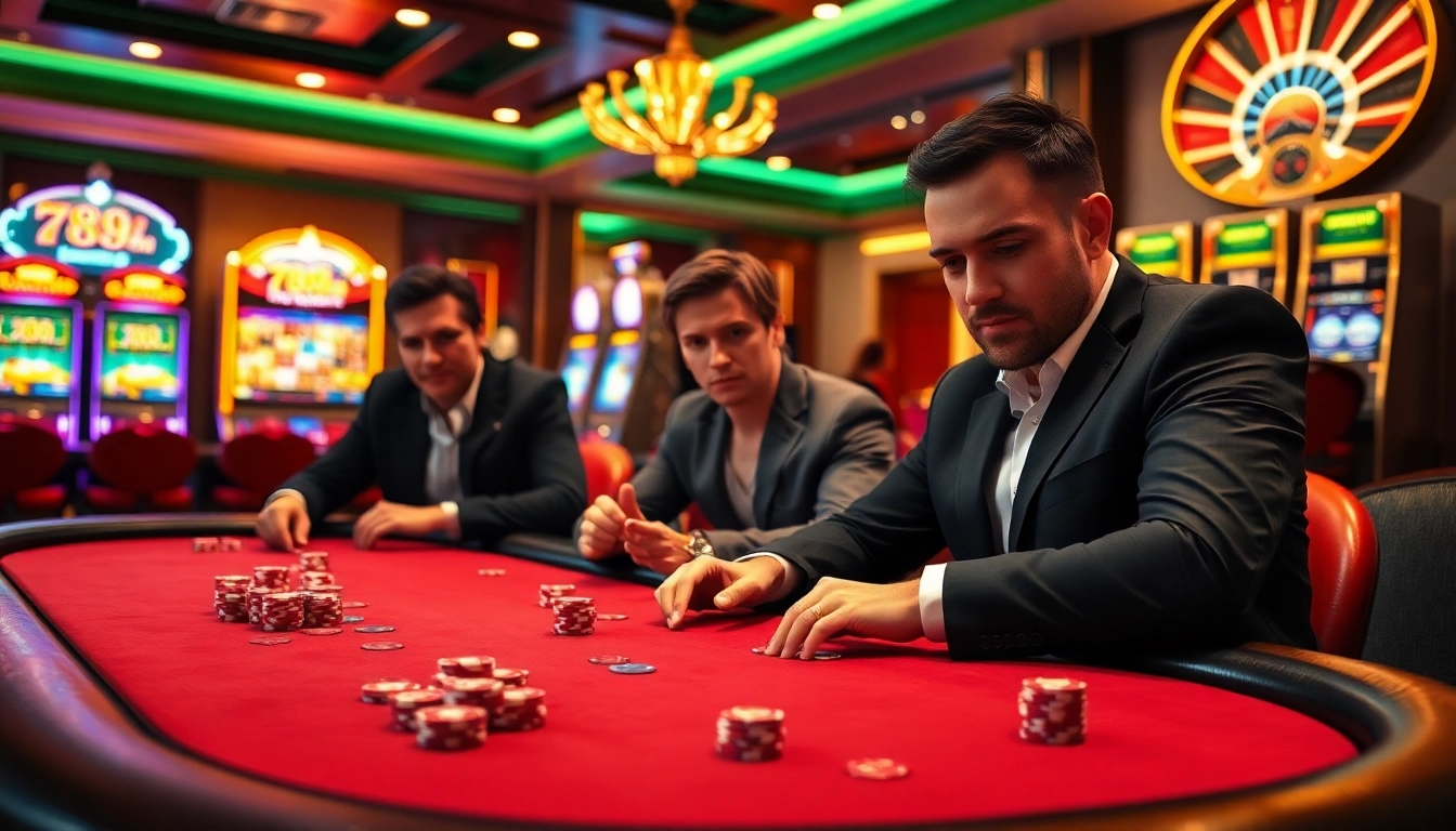 Players strategizing at a vibrant poker table at 789win, featuring colorful chips and a roulette wheel.