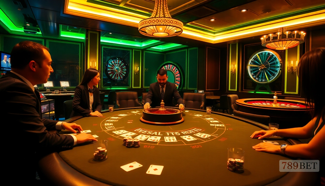 Engage in thrilling poker action at 789BET's luxurious casino table with professional dealers and vibrant chips.