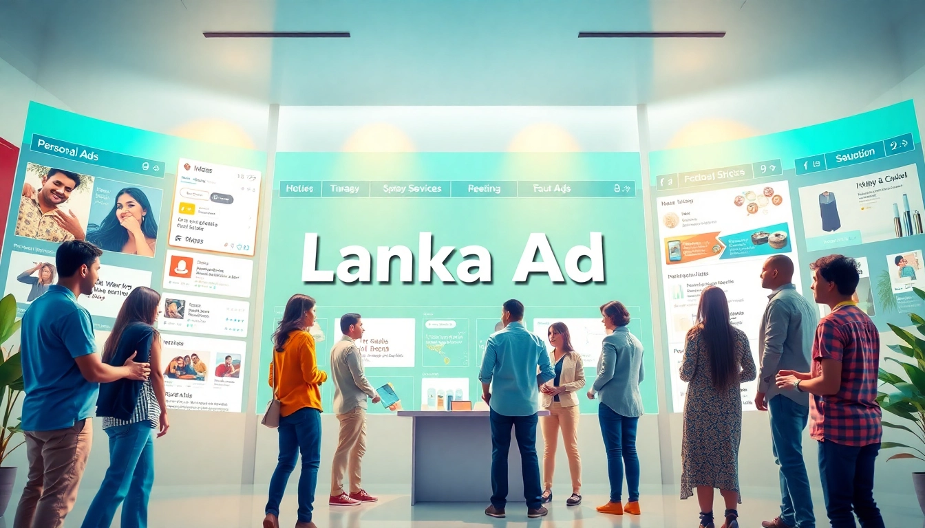 Lanka Ad platform showcasing diverse users engaging with ads in a vibrant digital interface.