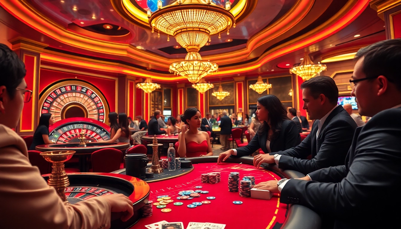 Action-packed gambling scene illustrating nhận định kèo nhà cái with players at a lively poker table.