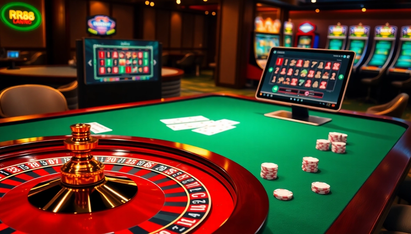 Exciting rr88 online casino scene with roulette, cards, and digital gambling interface.