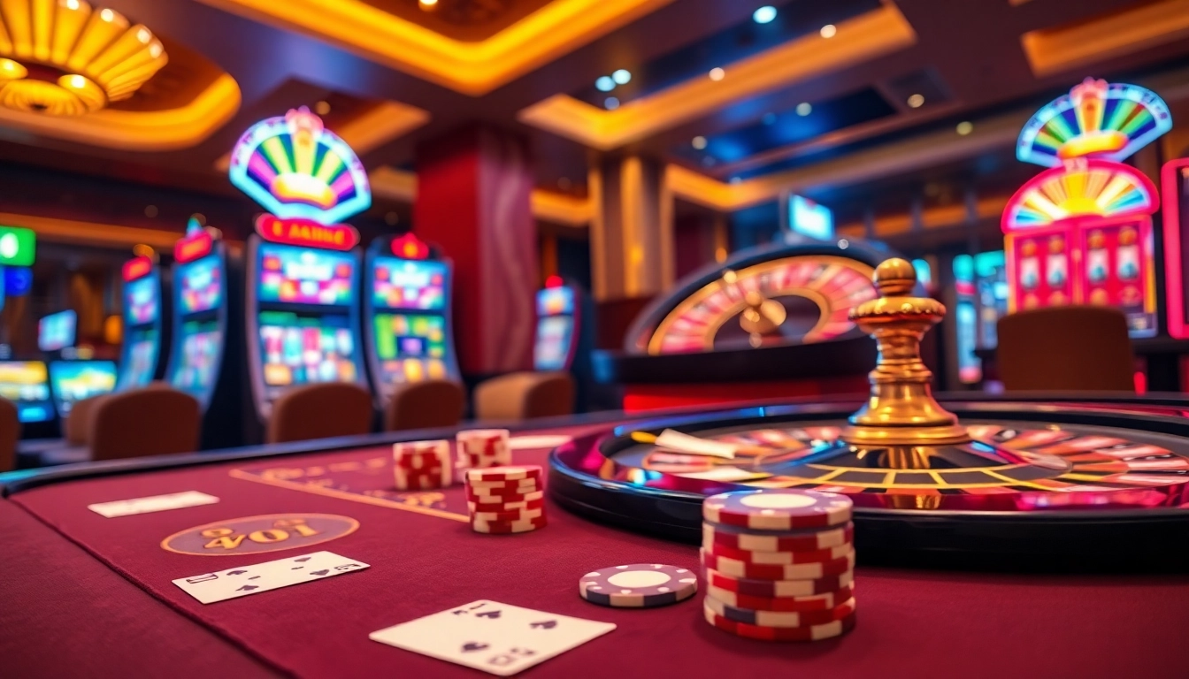 Engaging uk88 top online casino scene with vivid slot machines and gaming tables.